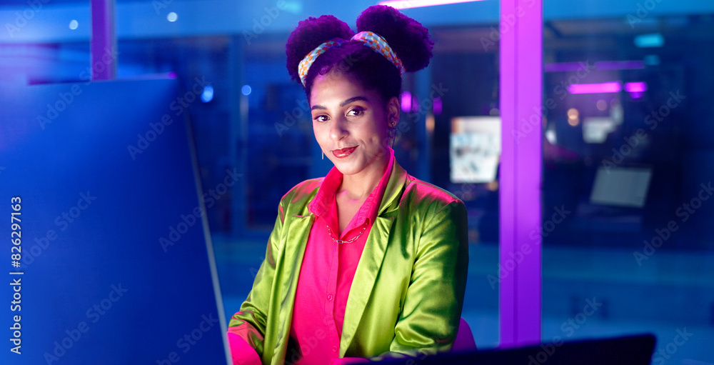 Leinwandbilder Face, computer and neon with programmer woman in office at night for coding or developing. Portrait, smile or happy young game developer sitting at desk in workplace with virtual system update