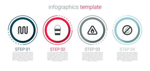 Set Fire hose reel, bucket, flame in triangle and No fire. Business infographic template. Vector