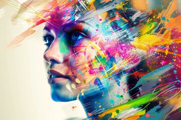 Digital artwork blending a female profile with explosive, colorful abstract elements
