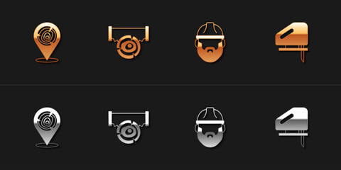 Set Wooden logs, Two-handed saw and, Lumberjack and Electric jigsaw icon. Vector