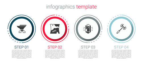 Set Anvil for blacksmithing, Folded map, Gem stone and Medieval poleaxe. Business infographic template. Vector