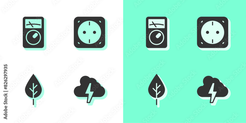 Sticker Set Cloud and lightning, Ampere meter, multimeter, Leaf Eco symbol and Electrical outlet icon. Vector