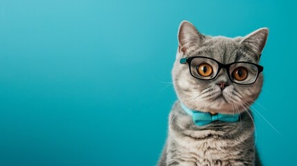 Copy space in the shape of a British shorthair cat wearing glasses.