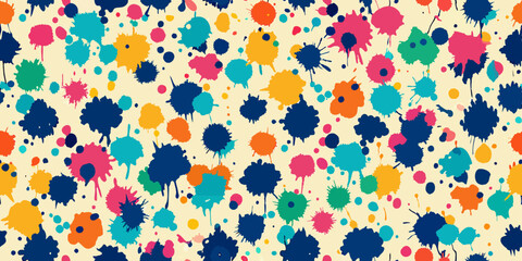 Colorful abstract pattern with splashes and splatters of various sizes in teal, magenta, yellow, and dark blue on a light beige background.
