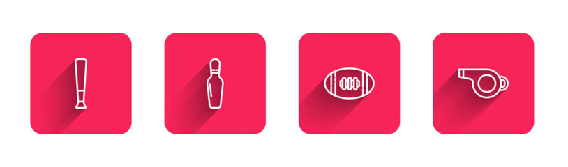 Set line Baseball bat, Bowling pin, American Football and Whistle with long shadow. Red square button. Vector