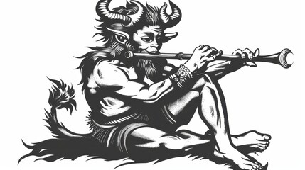 Isolated element of a mythical satyr playing the flute. Retro engraving illustration with a black icon, logo, and label.