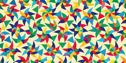 A vibrant, colorful pattern featuring overlapping pinwheel shapes in various hues, including blue, green, pink, orange, and yellow, set against a light beige background