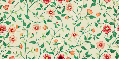 A seamless floral pattern featuring various types of flowers and green leaves on a light beige background. The flowers are rendered in shades of pink, red, and turquoise