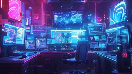An illustration of a stylish hacker's workspace with multiple screens and a vivid neon blue backlight - A sleek, modern digital piece illustrating a hacker's workspace with multiple screens.