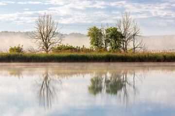 Dunstiger Morgen an einem kleinen See bei Burgheim in Bayern
