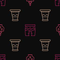Set line Burning candle on a skull, Mexican drum and Huehuetl on seamless pattern. Vector