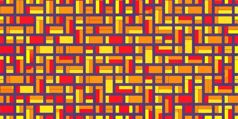 A colorful, geometric pattern featuring interlocking, maze-like shapes in blue, yellow, red, and orange. The design consists of a repetitive sequence of angular lines and squares