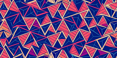 Abstract geometric pattern featuring interconnected triangles in shades of red, pink, and orange with bold yellow outlines against a dark blue background.