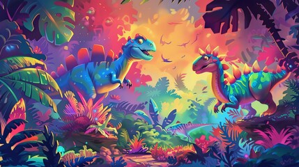Playful cartoon dinosaurs in a whimsical landscape surrounded by whimsical flora and lots of other cute elements are featured in this vibrant image.