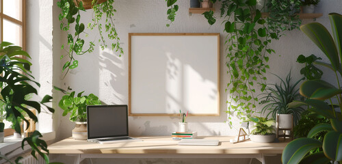A sunlit home office adorned with plants and a white empty frame creating an inspiring workspace.