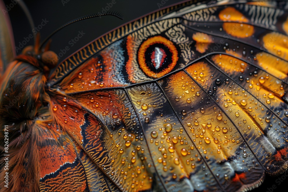 Sticker an orange butterfly that is covered in water drops sits on its wing