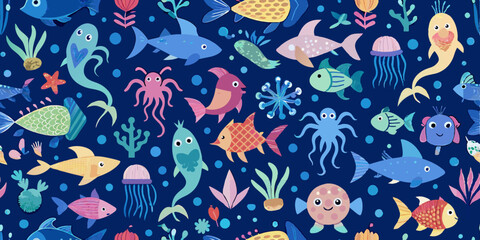 A colorful and whimsical underwater scene featuring various cartoon sea creatures, including fish, octopuses, jellyfish, and sea plants, set against a dark blue background