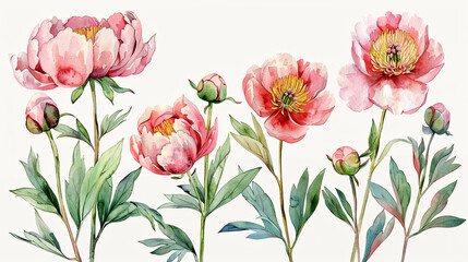 Beautiful watercolor drawings of garden-inspired peony flowers and botanical decorations, isolated on white background