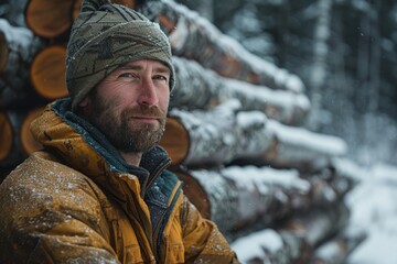 Obraz premium Lumberjack in orange rain gear, observing distant fire near forest clearing, evident concern in his eyes. Scene captures harsh reality of forest fires, smoke billows behind,