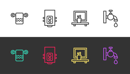 Set line Towel on a hanger, Gas boiler, Washbasin mirror and Water tap on black and white. Vector