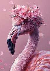 cute girly flamingo with long eyelashes and flowers on head