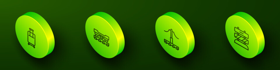 Set Isometric line Suitcase, Cargo train wagon, Railway and End of railway tracks icon. Vector
