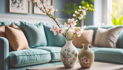 Modern Art Deco Interior: Blossom Branch Vases against Sofa"