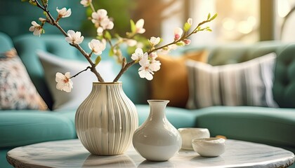 Modern Art Deco Interior: Blossom Branch Vases against Sofa"