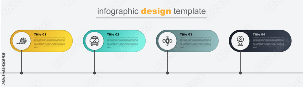 Poster Set line Location with fire flame, Firefighter, truck and hose reel. Business infographic template. Vector