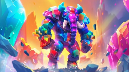 In this illustration, there is a full body of an elephant in a brightly colored costume standing against a bright background.