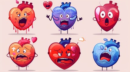 The human heart has different emotions, such as being happy, sad, angry, sick or healthy. Modern illustrations for cardiovascular systems and healthcare concepts.