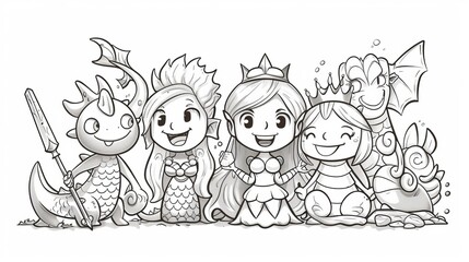 Illustration for children of the little mermaid. Children's fairy tale coloring page. Cartoon characters that are cute and funny.