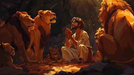 Experience the miraculous scene of Daniel standing unharmed amidst majestic lions, their ferociousness tamed by divine intervention. Light streams down, illuminating the awe and wonder as both Daniel 