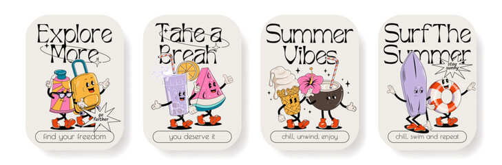 Set of summer retro posters or cards with walking funny cute comic characters. Lettering illustration for t-shirt print. Suitcase, ice cream, cocktail, spf cream, watermelon, pool float, surf	