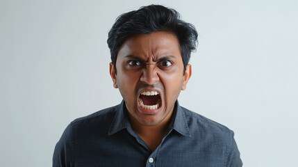 Obraz premium Angry South Asian Man in Dark Shirt Yelling with Intense Expression
