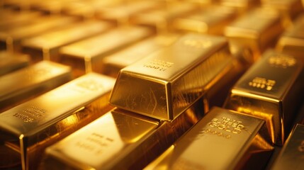 A large pile of gleaming gold bars neatly stacked, showcasing purity and wealth, likely stored in a secure financial vault.