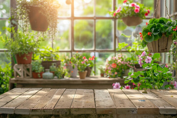 Fototapeta premium A wooden potting bench in the foreground with a blurred background of a botanical greenhouse. The background includes various potted plants, hanging flowers, gardening tools, and large glass windows