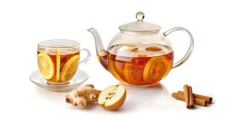 A glass teapot and cup filled with ginger and lemon tea. Styled for warmth and comfort. Perfect for stock photos related to tea, health, and relaxation. AI