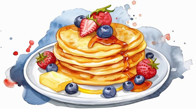 recommend clip art: Delicious, fluffy, tasty, cartoon breakfast dessert watercolor illustration painting of fresh pancakes stacked on a white plate with maple syrup, mixed berries, cream and butter; pancakes, cream,