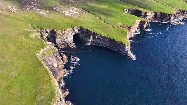 Aerial View of Breathtaking Coastline of Scotland on Sunny Day, Yesnaby Vista Point UK