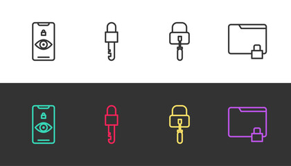 Set line Eye scan, Locked key, picks for lock picking and Folder and on black and white. Vector