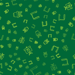 Set line Plant in pot, Chalkboard with diagram and Table lamp on seamless pattern. Vector