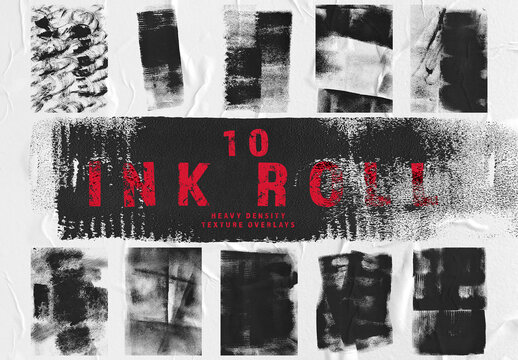 10 Heavy Density Ink Roll Texture Overlays. Grunge Paint Distressed Mask Effect