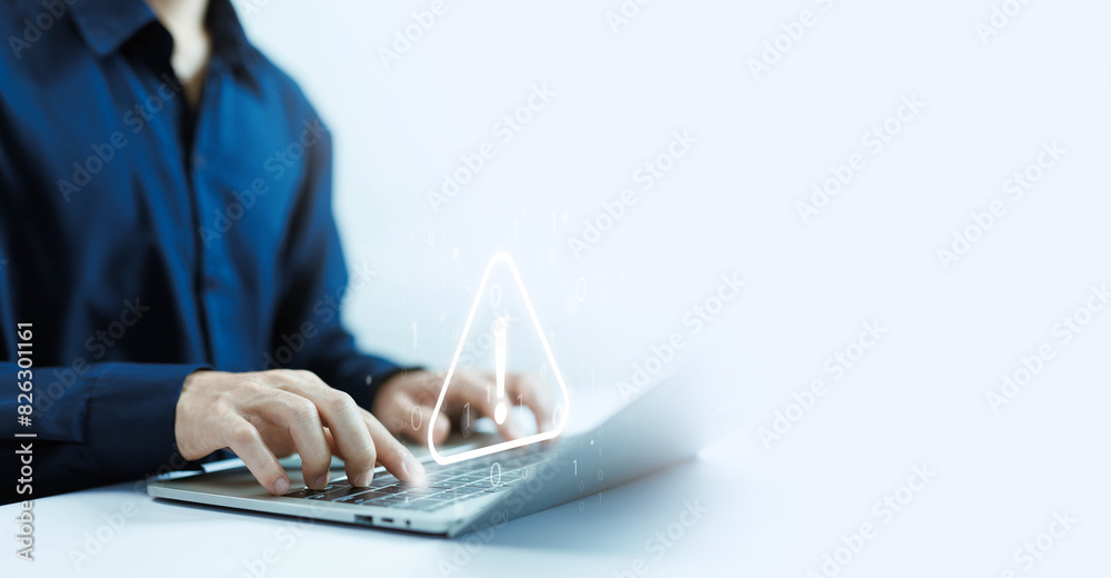 Wall mural cyber error symbol notification spam in the laptop, a warning sign of system failure. concept of lea