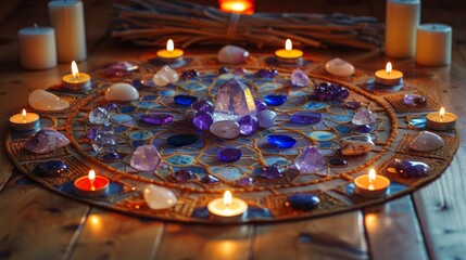 Crystal grid setup on wooden floor, forming a sacred geometric pattern. Healing session with stones
