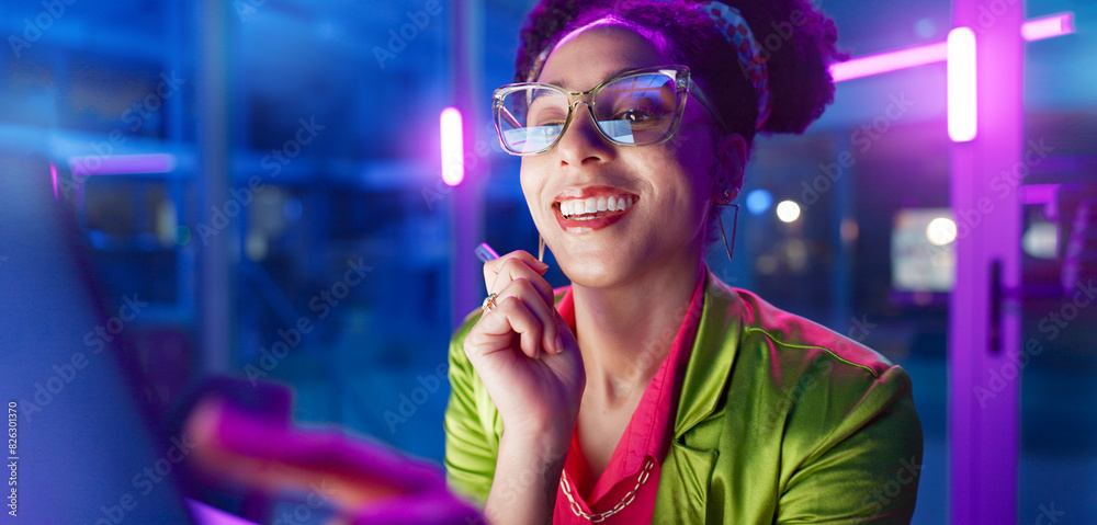 Poster Woman, night and web development on computer, eyewear and ideas for programming or coding in office. Female person, thinking and reflection for website in neon light, project and planning in dark