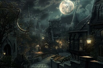 Enchanted moonlit gothic mansion with a full moon, digital artwork, and mysterious magic, set in a dark and spooky nocturnal landscape
