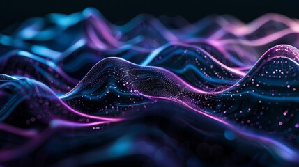 a black background with a few neon colors waves, geometric waves shapes, dark blue, purple, black, mostly black 