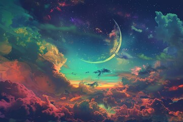 Surreal image of a vibrant, colorful sky with clouds and a crescent moon