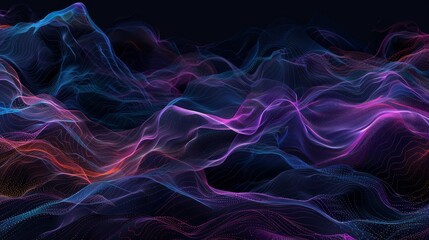 a black background with a few neon colors waves, geometric waves shapes, dark blue, purple, black, mostly black 